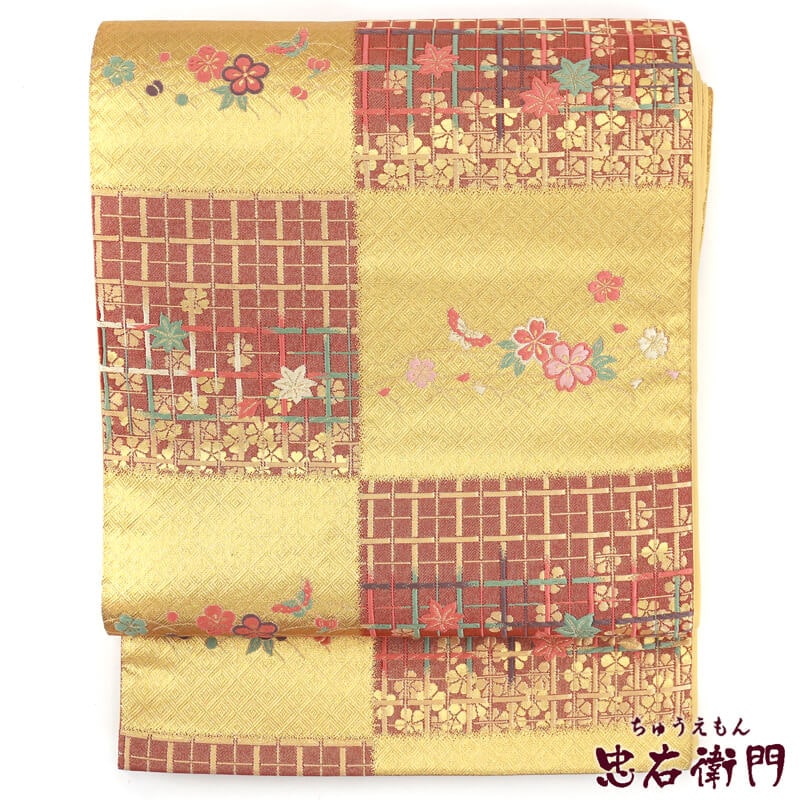 【50%OFF|えびす講セール|期間限定】【中古】 市松取りに小さなお花や蝶の袋帯 リサイクル 正絹 フォーマル ゴールド レディース 長さ429cm 即日発送