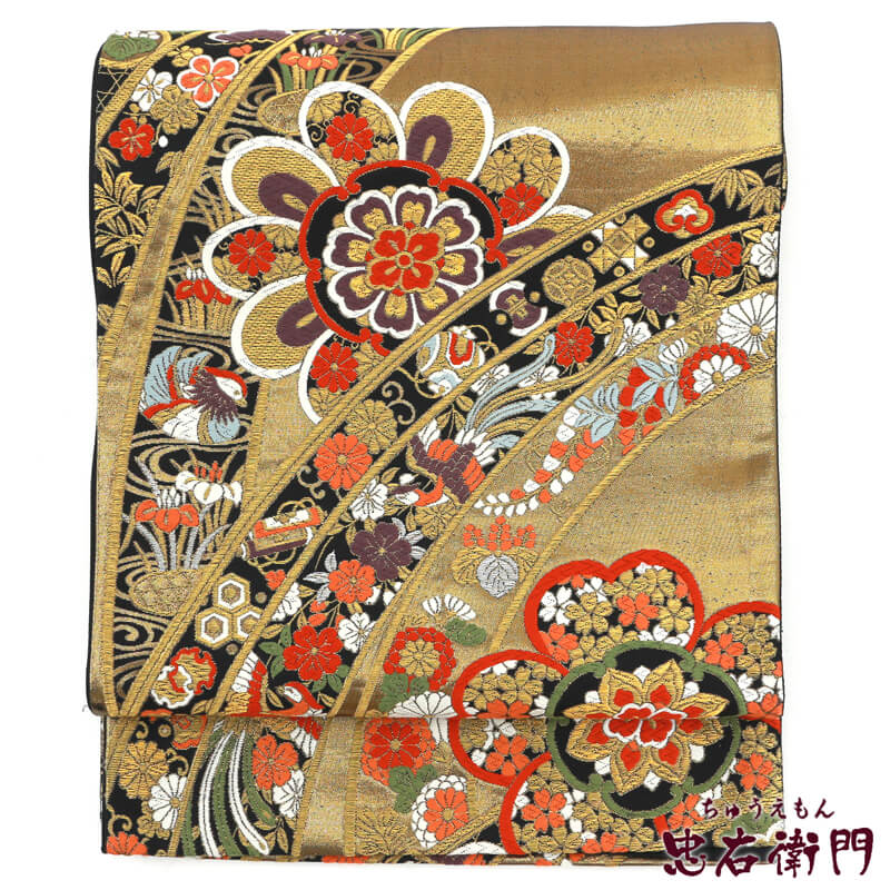 【50%OFF|えびす講セール|期間限定】【中古】 織で表現された吉祥柄が華やかな袋帯 リサイクル 正絹 フォーマル ゴールド レディース 長さ420cm 仕立て上がり 即日発送