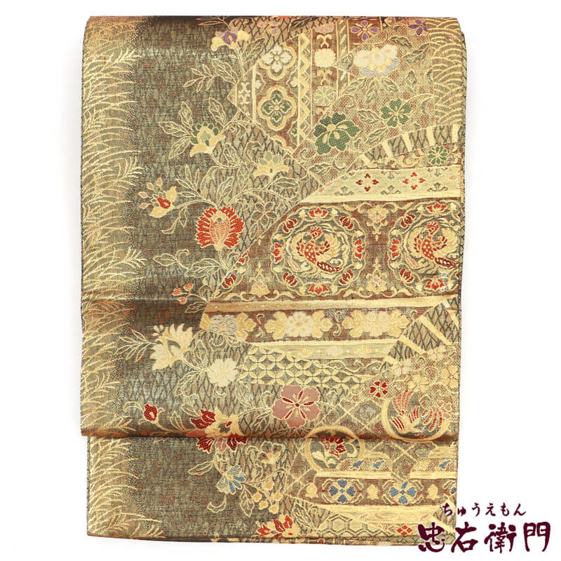 【50%OFF|えびす講セール|期間限定】【中古】 細かな文様が織りなす地紙文様の袋帯 リサイクル 正絹 フォーマル ゴールド レディース 長さ432cm 仕立て上がり 即日発送