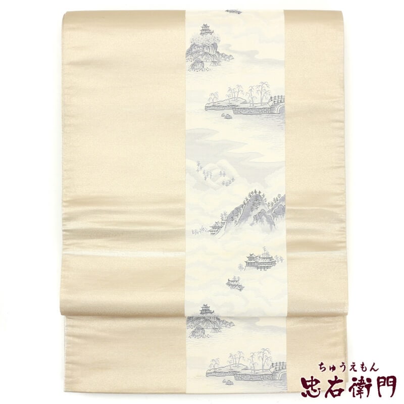 【50%OFF|えびす講セール|期間限定】【中古】 紹巴(しょうは) 風景柄の袋帯 リサイクル 正絹 フォーマル ベージュ レディース 長さ441cm 仕立て上がり 即日発送