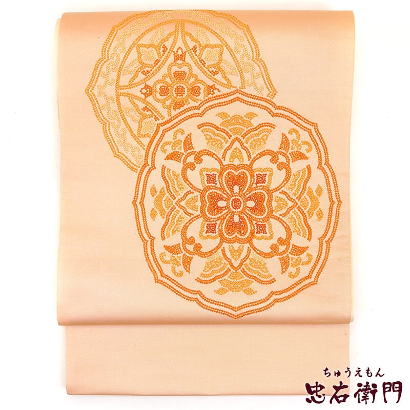 【50%OFF|えびす講セール|期間限定】【中古】相良刺繍で表現された鏡裏文の袋帯 リサイクル 正絹 フォーマル オレンジ レディース 長さ413cm 仕立て上がり 即日発送