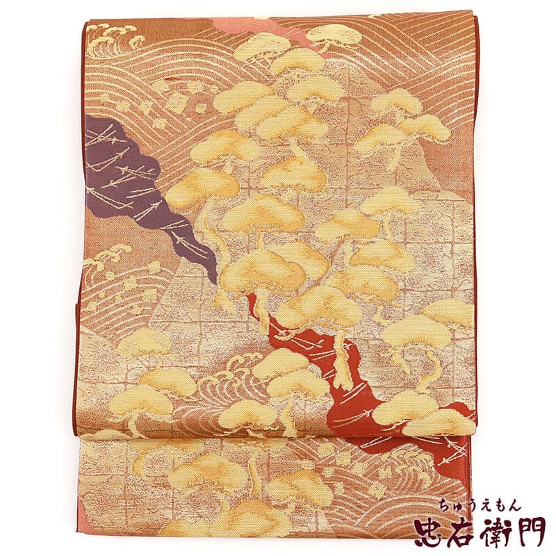 【50%OFF|えびす講セール|期間限定】【中古】 袋帯 リサイクル 正絹 礼装 フォーマル 仕立上がり レディース 赤茶 金 松 松葉 立浪 長さ436cm 忠右衛門 即日発送