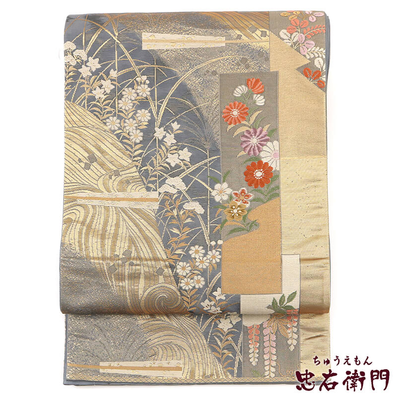 【50%OFF|えびす講セール|期間限定】【中古】 袋帯 リサイクル 正絹 礼装 フォーマル 仕立上がり レディース 灰色 金 短冊文 扇 波 秋草文 長さ428cm 忠右衛門 即日発送