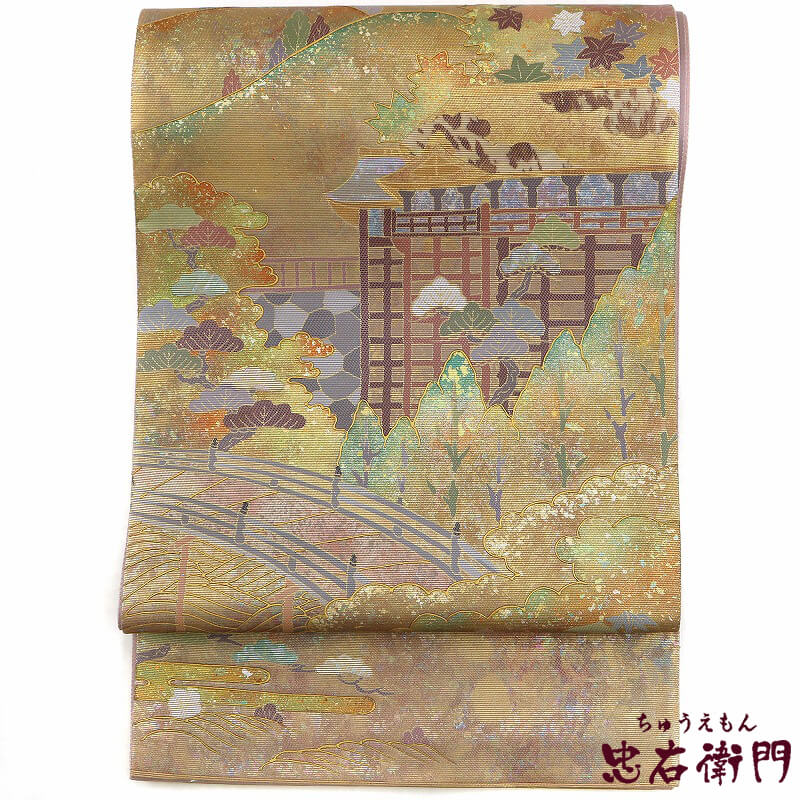 【50%OFF|えびす講セール|期間限定】【中古】 袋帯 リサイクル 正絹 礼装 フォーマル 仕立上がり レディース 箔地 螺鈿 金 仏閣 風景柄 長さ437cm 忠右衛門 即日発送