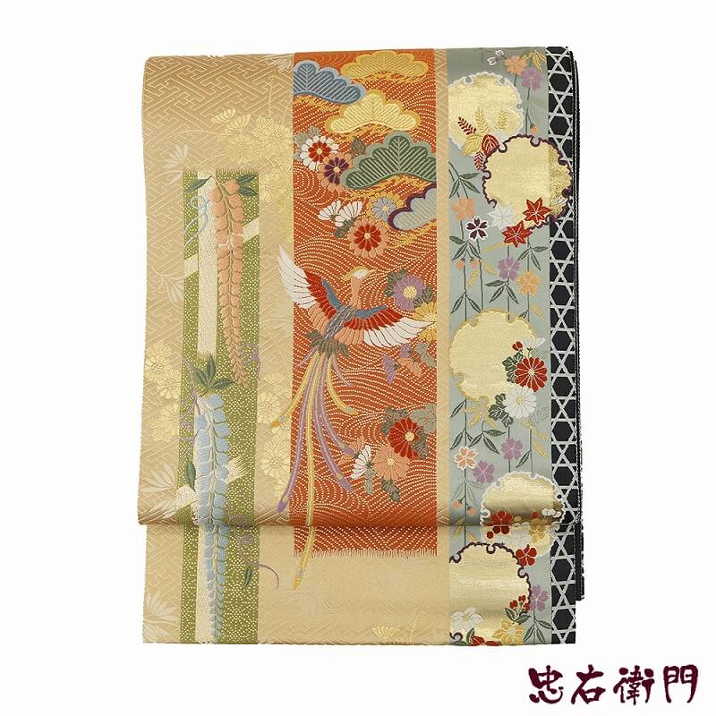 【50%OFF|えびす講セール|期間限定】【中古】 袋帯 リサイクル 正絹 礼装 フォーマル 仕立上がり レディース ベージュ 灰色 金 短冊文 雪輪文 鳳凰 長さ424cm 忠右衛門 即日発送