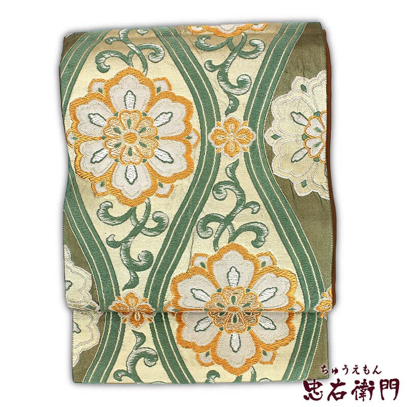 【20倍ポイント|歳末大還元祭】【中古】 袋帯 リサイクル 正絹 西陣織 仕立上がり 礼装 フォーマル レディース グリーン 立涌 花唐草 長さ419cm あす楽対応