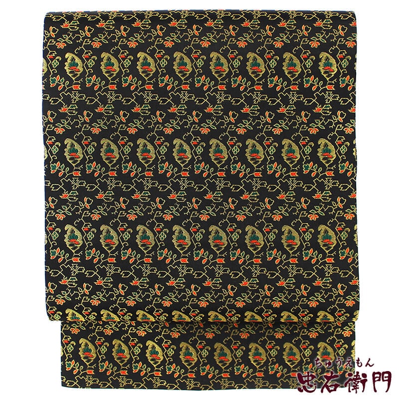 【20倍ポイント|歳末大還元祭】【中古】 龍村美術織物 名古屋帯 リサイクル 正絹 仕立て上がり 九寸名古屋帯 カジュアル レディース ブラック ゴールド 植物文様 美品 長さ353cm あす楽対応