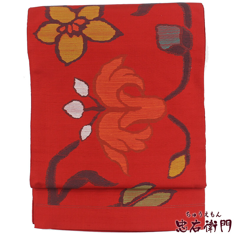 【20倍ポイント|歳末大還元祭】【中古】 袋帯 西陣織 勝山織物 ふくろ帯 未仕立て帯 リサイクル レディース 正絹 レッド コブト花文 長さ438cm 幅30.5cm 未仕立て 【お仕立てが必要です】 フォーマル リサイクル帯 あす楽対応