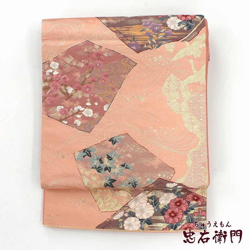 袋帯 リサイクル レディース 正絹 ピンク 金 流水 色紙 梅 菊 長さ424cm 幅31cm 仕立て上がり帯 フォーマル 六通柄 リサイクル帯 【中古】