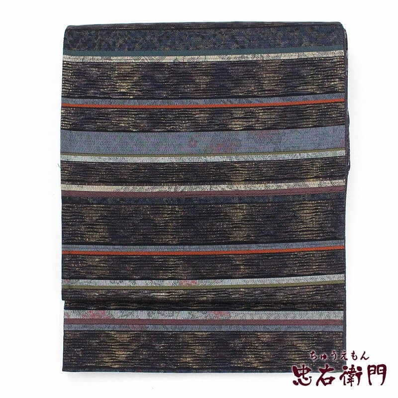 【50%OFF|えびす講セール|期間限定】【中古】 袋帯 泥染 証紙 リサイクル レディース 正絹 黒金 紫 横段 長さ437cm 幅31cm 仕立て上がり帯 フォーマル カジュアル 六通柄リサイクル帯 送料無料 あす楽対応