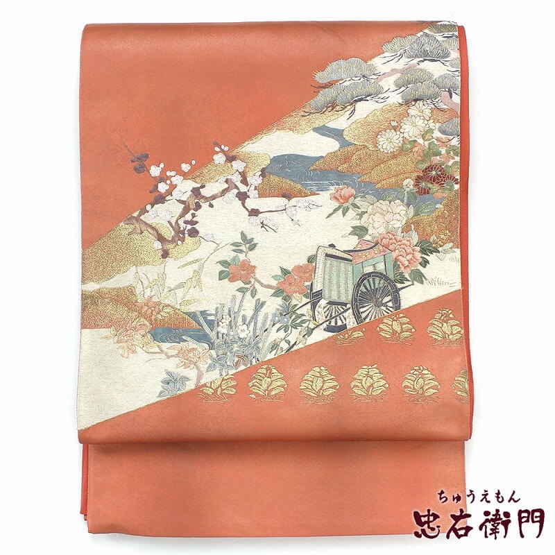 袋帯 蘇州刺繍 リサイクル レディース 正絹 桃 御所車 刺繍 長さ433cm 幅31cm 仕立て上がり帯 フォーマル お太鼓柄 リサイクル帯 送料無料 【中古】