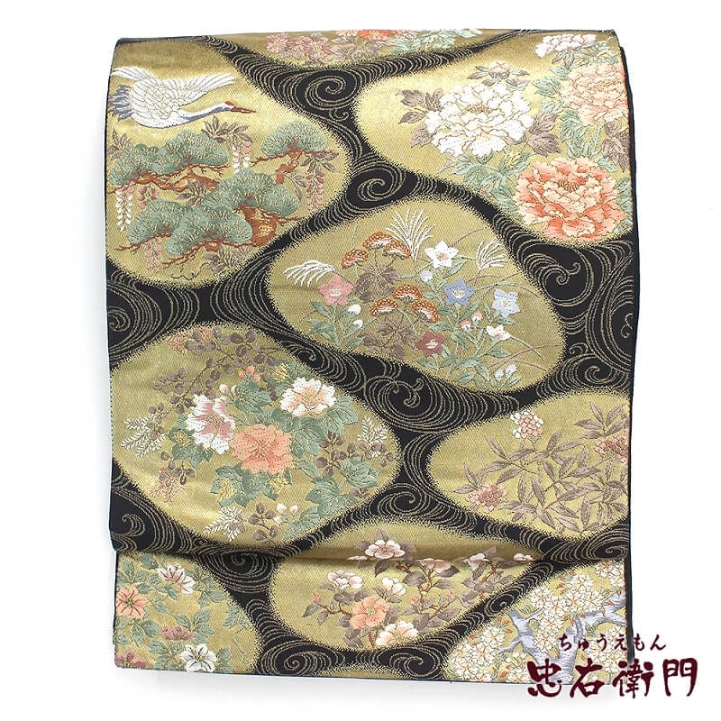 【20倍ポイント|歳末大還元祭】【中古】 袋帯 リサイクル レディース 正絹 黒 金 四季の花 長さ434cm 幅30.5cm 仕立て上がり帯 フォーマルリサイクル帯 送料無料 あす楽対応