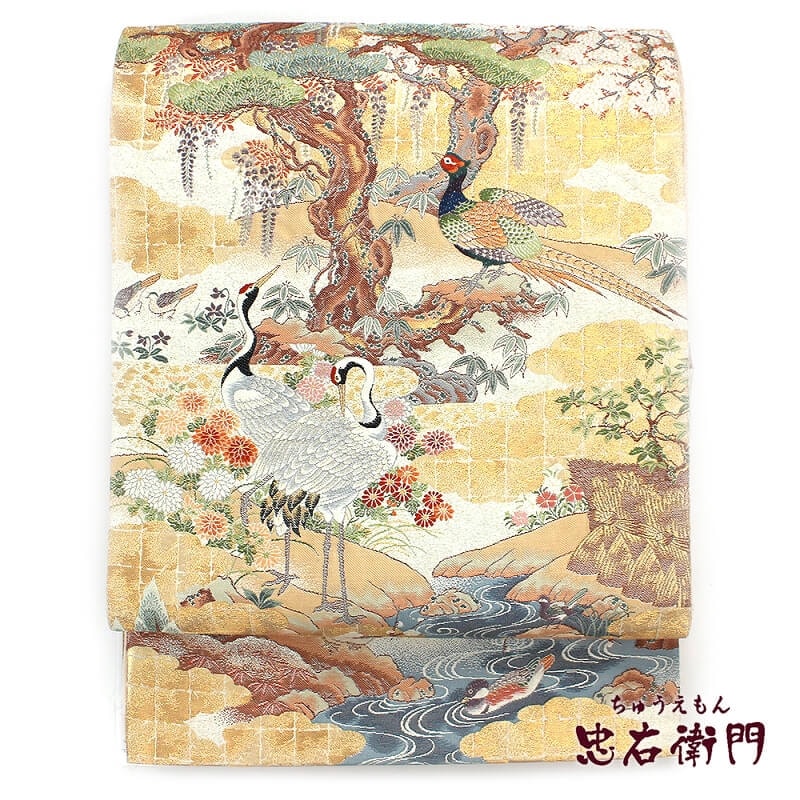 袋帯 リサイクル レディース 正絹 金 松竹梅 鳥 長さ434.5cm 幅30.5cm 仕立て上がり帯 フォーマルリサイクル帯 送料無料 【中古】