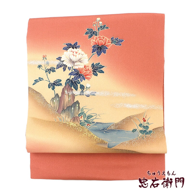 【50%OFF|えびす講セール|期間限定】【中古】 名古屋帯 なごや帯 縮緬 染め帯 リサイクル レディース 正絹 ピンク 牡丹 風景柄 長さ368cm 幅31cm 仕立て上がり帯 カジュアル リサイクル帯 あす楽対応