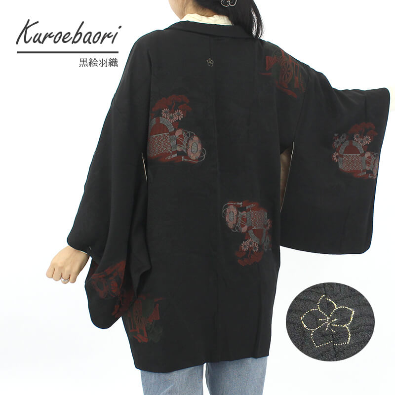 【50%OFF|えびす講セール|期間限定】リサイクル 羽織 黒 絵羽織 1ツ紋 レディース 正絹 黒 茶 御所車 堤 地模様 身丈80cm 裄丈61cm フォーマル 洋服感覚の羽織 和洋折衷 【中古】 あす楽対応