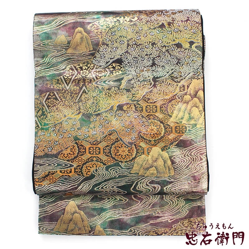中古】 袋帯 ふくろ帯 リサイクル レディース 正絹 緑 紫 ぼかし 松 