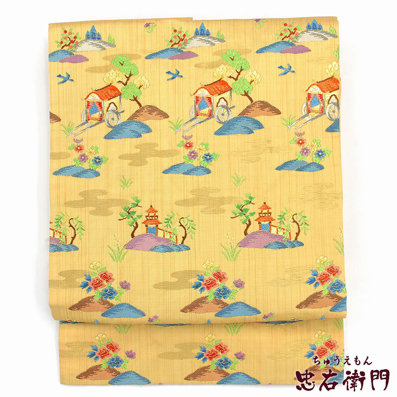 【50%OFF|えびす講セール|期間限定】【中古】 名古屋帯 九寸名古屋帯 リサイクル レディース 正絹 芥子ベージュ 御所車 伝統文様 長さ349cm 幅30cm 仕立て上がり帯 街着 カジュアルリサイクル帯 あす楽対応