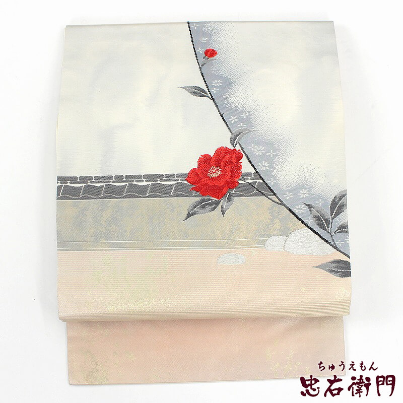 【50%OFF|えびす講セール|期間限定】【中古】 名古屋帯 九寸名古屋帯 リサイクル レディース 正絹 白地 椿 風景柄 長さ360cm 幅30cm 仕立て上がり帯 カジュアルリサイクル帯 あす楽対応