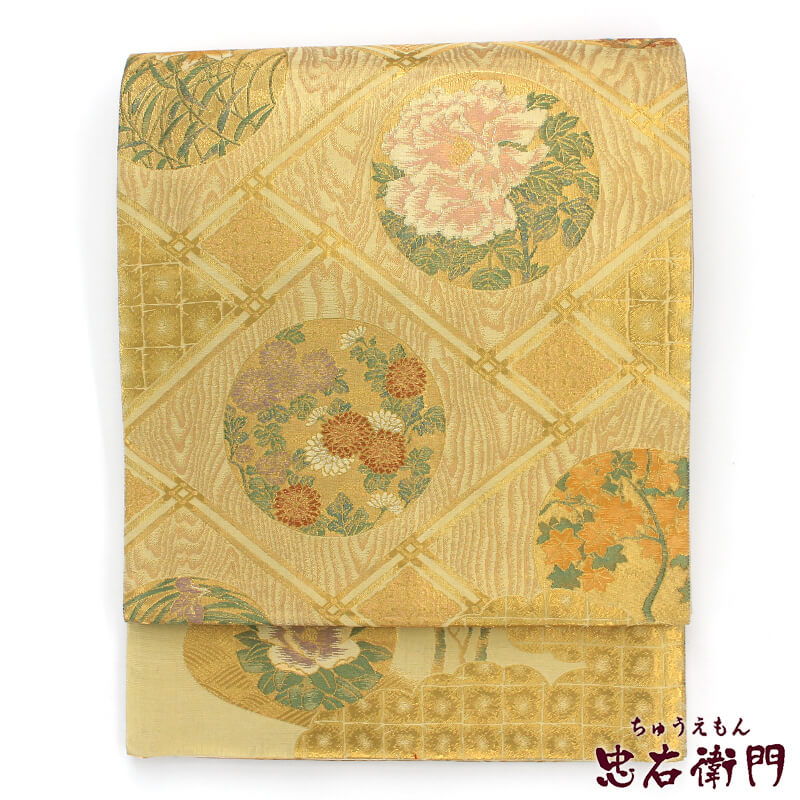 【中古】 袋帯 ふくろ帯 リサイクル レディース 正絹 金 丸文 雲取り 長さ420cm 幅31cm 仕立て上がり帯 リサイクル帯 あす楽対応