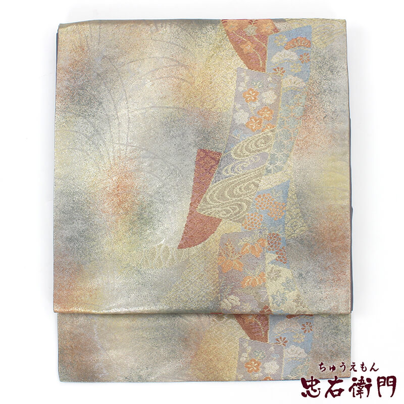 【50%OFF|えびす講セール|期間限定】【中古】 名古屋帯 九寸名古屋帯 リサイクル レディース 正絹 灰 金 長さ349cm 幅32cm 仕立て上がり帯 カジュアルリサイクル帯 あす楽対応