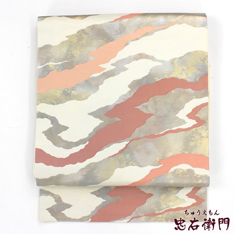 【50%OFF|えびす講セール|期間限定】【中古】 名古屋帯 九寸名古屋帯 リサイクル レディース 正絹 白 銀 桃 長さ350cm 幅30.5cm 仕立て上がり帯 カジュアルリサイクル帯 あす楽対応