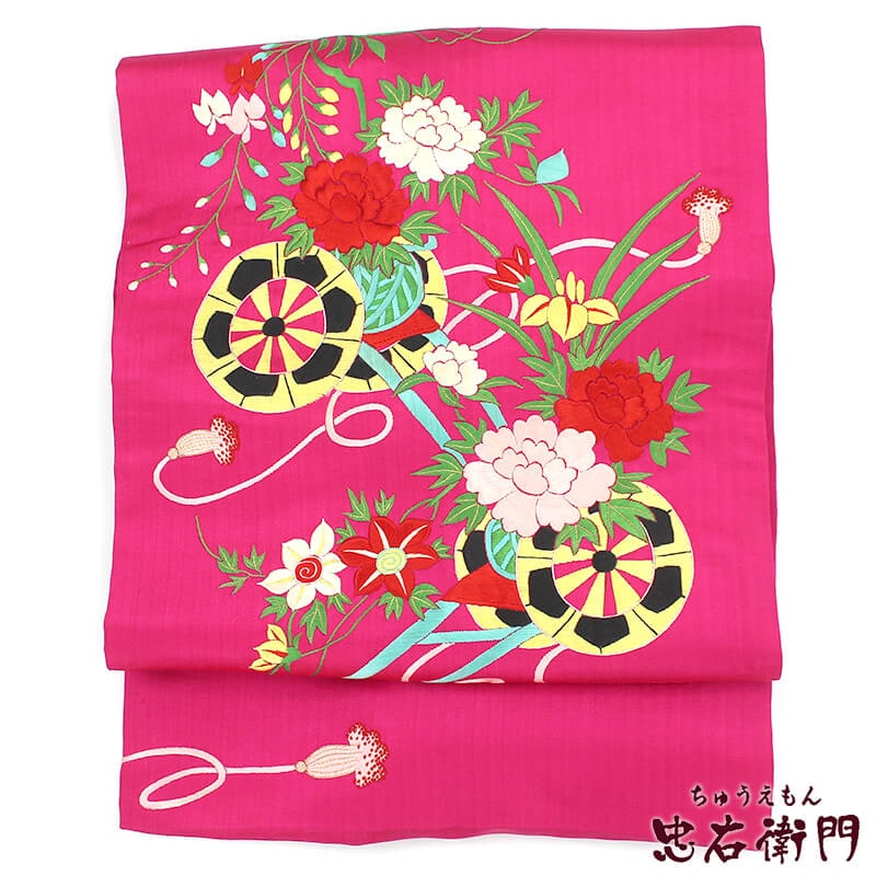 【中古】 名古屋帯 九寸名古屋帯 アンティーク リサイクル レディース 正絹 濃い桃 花車 長さ333cm 幅32cm 仕立て上がり帯 カジュアルリサイクル帯 送料無料 あす楽対応