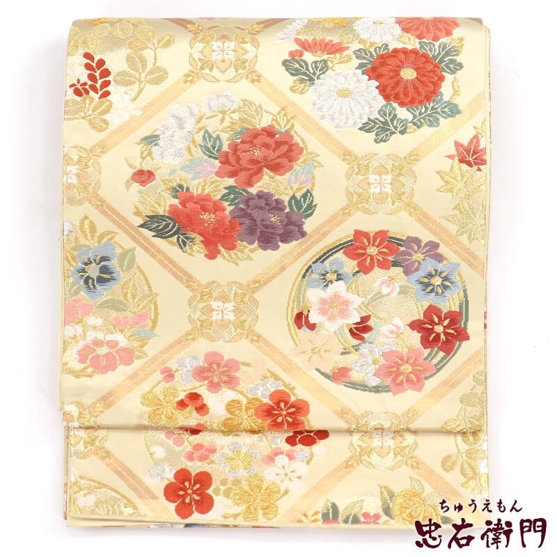 【中古】 袋帯 ふくろ帯 リサイクル レディース 正絹 金ベージュ 格天井柄 菊 牡丹 長さ438cm 幅31cm 仕立て上がり帯 リサイクル帯 送料無料 あす楽対応