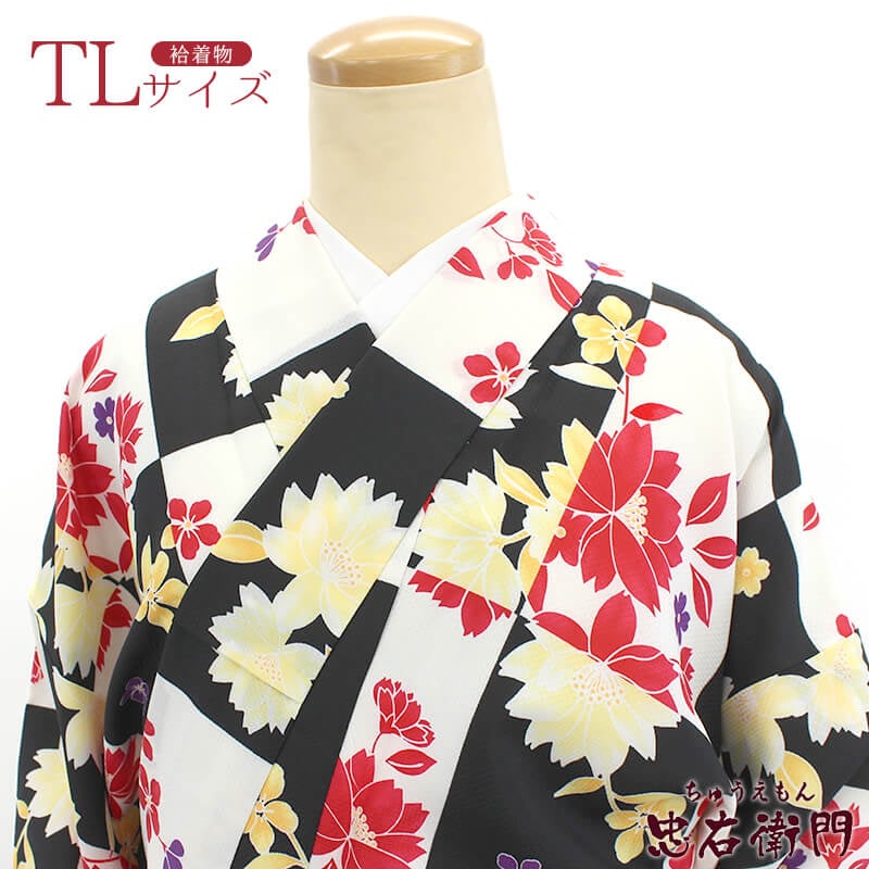 【中古】 新古品 小紋 小紋着物 ポリエステル レディース 化繊 洗える着物 白 黒 市松 花柄 TLサイズ 身丈165cm 裄丈65cm 袷 リサイクル着物 リサイクル