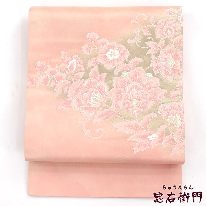 【50%OFF|えびす講セール|期間限定】【中古】 名古屋帯 なごや帯 九寸名古屋帯 リサイクル レディース 正絹 ピンク 花唐草 上品 長さ355cm 幅30.5cm 仕立て上がり帯 リサイクル帯 即日発送