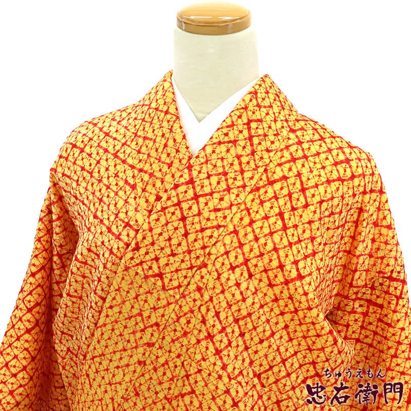 【中古】 絞り小紋 小紋着物 レディース 正絹 黄色 赤 オレンジ 身丈162.5cm 裄丈64cm 仕立て上がり着物 リユース着物 リサイクル着物 10時までのご注文で即日発送