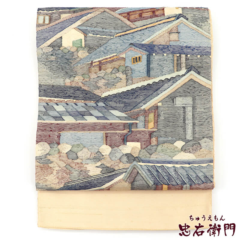 【中古】 おしゃれ袋帯 袋帯 ふくろ帯 リサイクル レディース 正絹 ベージュ 風景柄 屋根 長さ439cm 幅30.5cm 仕立て上がり帯 リサイクル帯 送料無料 即日発送