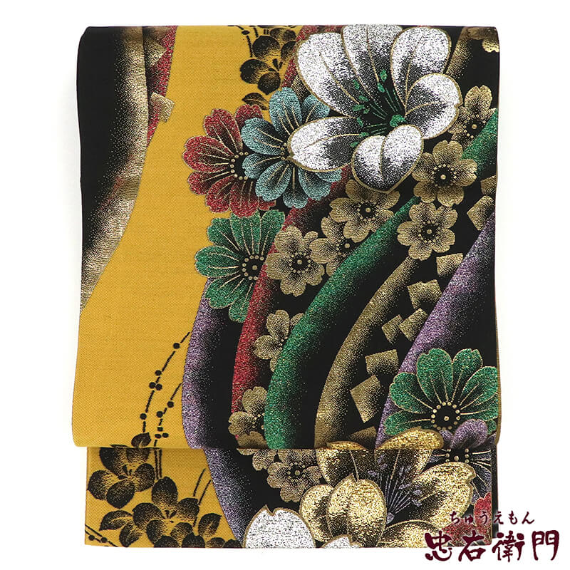 【中古】 袋帯 ふくろ帯 振袖向き フォーマル リサイクル レディース 正絹 黒金 花 個性柄 長さ431cm 幅31cm 仕立て上がり帯 リサイクル帯 送料無料 即日発送
