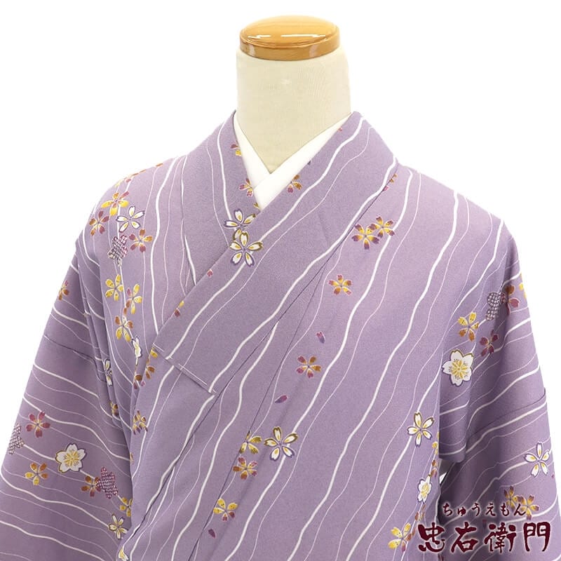 【中古】 新古品 小紋 小紋着物 プレタ着物 レディース 化繊 灰紫 縞 桜 身丈168cm 裄丈68.5cm 仕立て上がり着物 新古品 Lサイズ 【中古】 即日発送