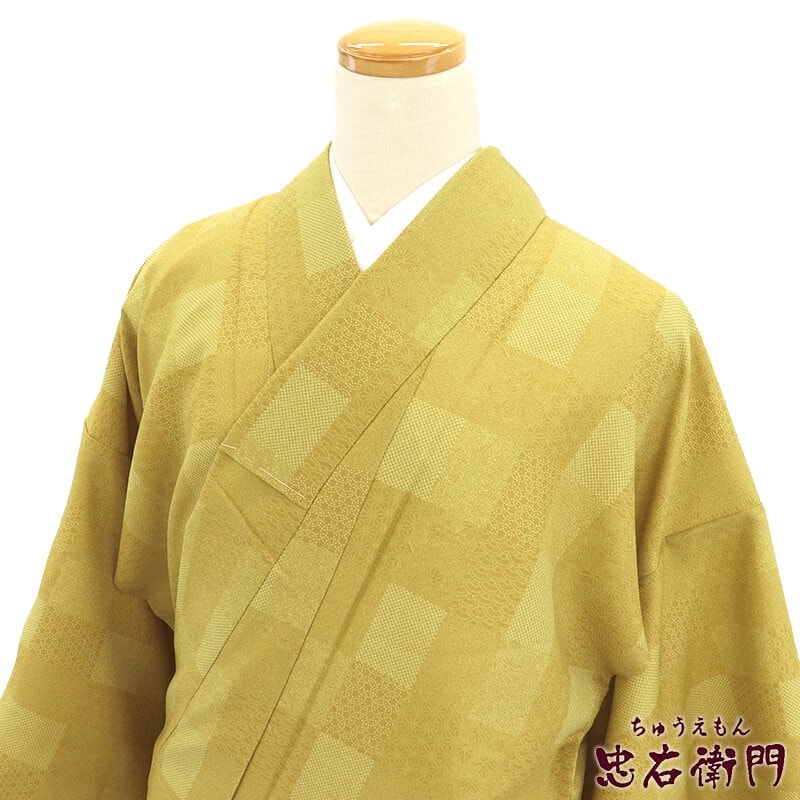 【中古】 新古品 小紋 小紋着物 プレタ着物 レディース 化繊 金茶 江戸小紋 市松 身丈166cm 裄丈69cm 仕立て上がり着物 新古品 Lサイズ 【中古】 即日発送