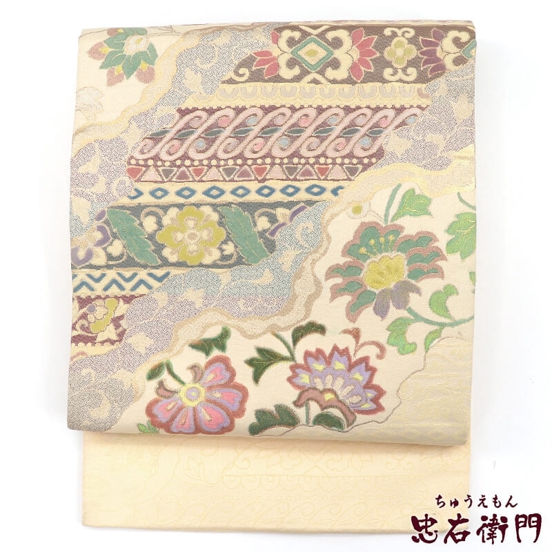 【20倍ポイント|歳末大還元祭】【中古】 名古屋帯 なごや帯 リサイクル レディース 化繊 ベージュ 道長取り 唐花 長さ369cm 幅31cm 仕立て上がり帯 リサイクル帯 即日発送