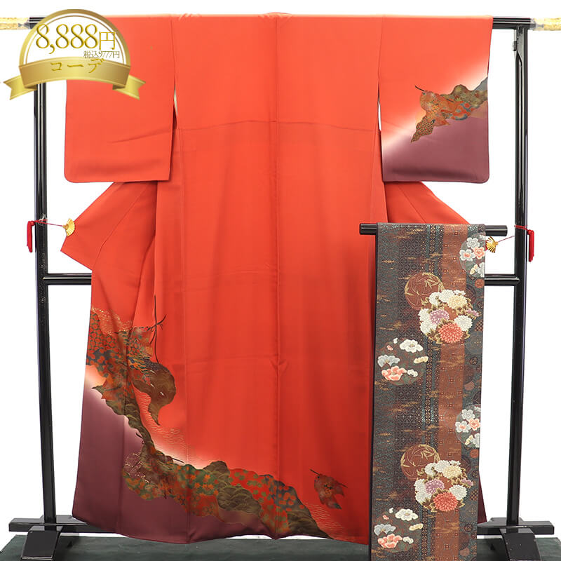 中古】 付下げ 付け下げ 附下 コーディネート レディース 正絹 朱色