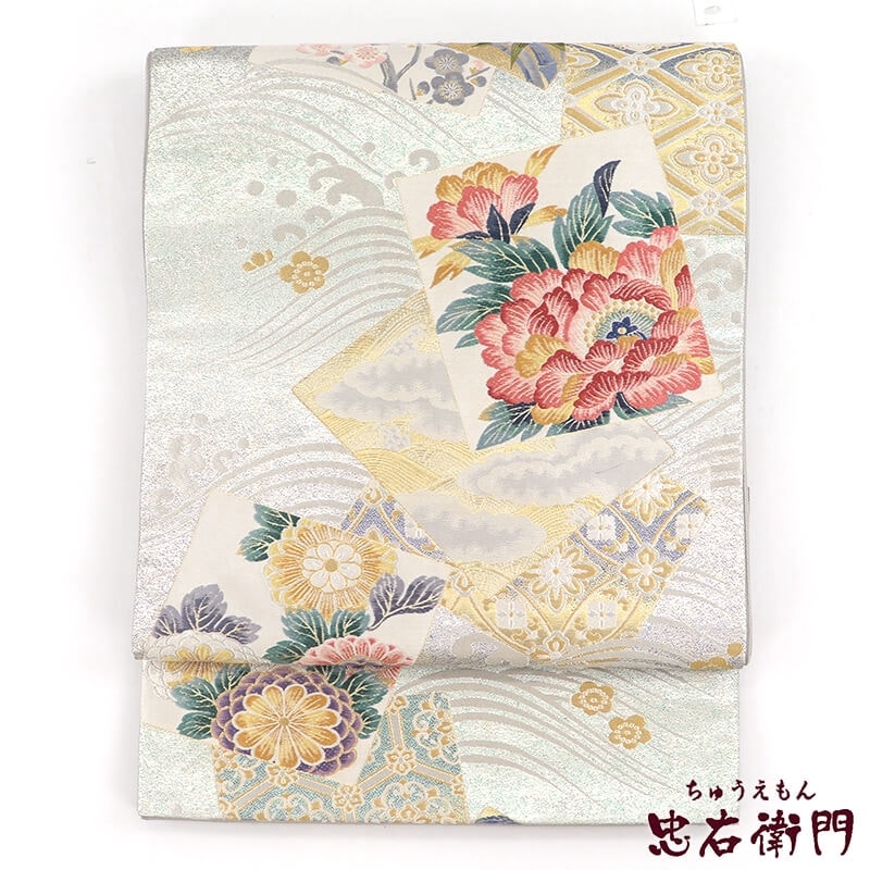 【中古】 袋帯 ふくろ帯 リサイクル レディース 正絹 シルバー 瑞花翔彩文 色紙文 長さ440cm 幅31cm 仕立て上がり帯 リサイクル帯 送料無料 即日発送