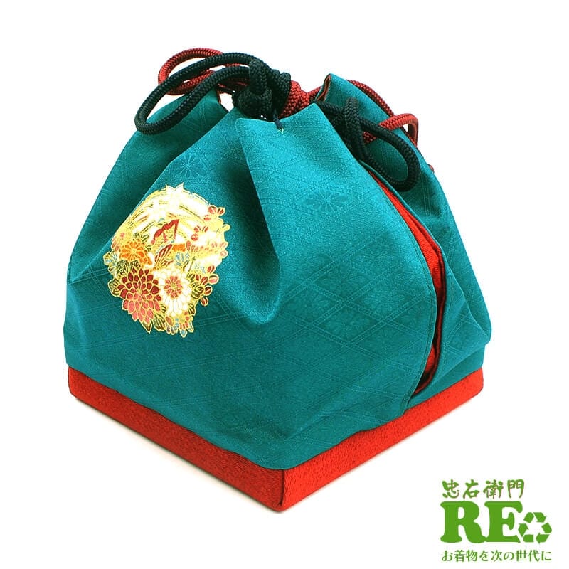【価格見直し宣言】【中古】 バッグ かご付き 巾着 着物用 和装バッグ カジュアル リサイクル レディース 青緑 高さ17cm 幅13.5cm リサイクルバッグ 即日発送