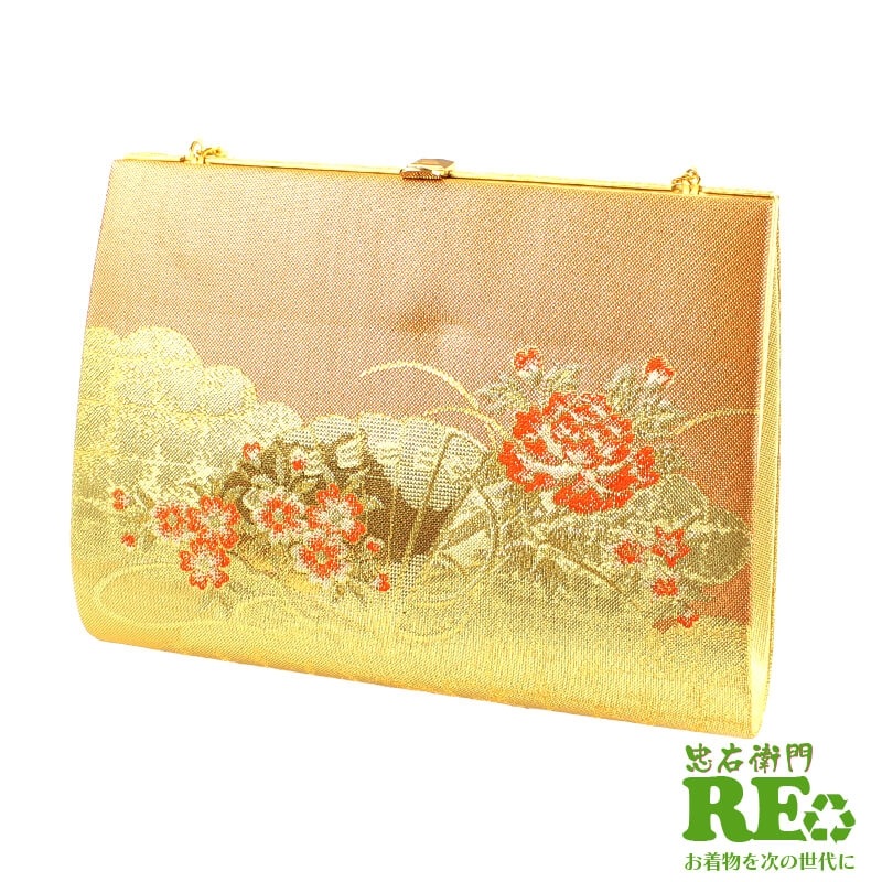 【価格見直し宣言】【中古】 バッグ 着物用 和装バッグ フォーマル 礼装 リサイクル レディース 金 扇 牡丹 高さ15.5cm 幅21cm リサイクルバッグ 即日発送