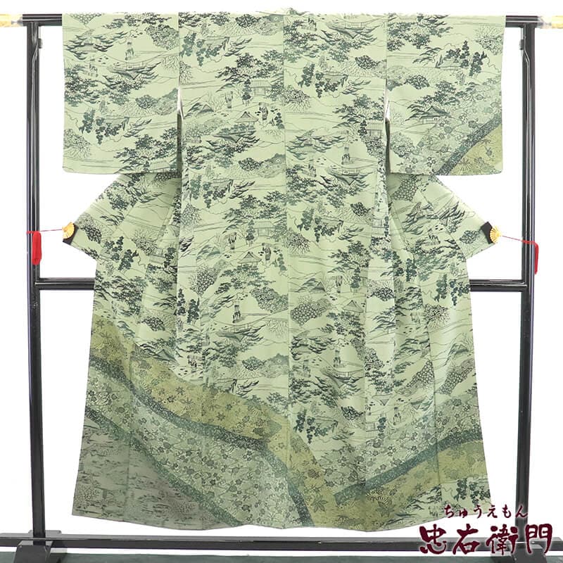 付下げ 付け下げ 総柄 レディース 正絹 緑 型染め 和風 身丈155.5cm 裄