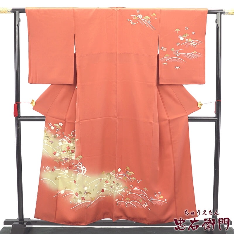【中古】 付下げ 付け下げ 附下 レディース 正絹 オレンジ 松竹梅 吉祥柄 身丈159cm 裄丈65cm 仕立て上がり着物 リユース着物 リサイクル着物 10時までのご注文で即日発送