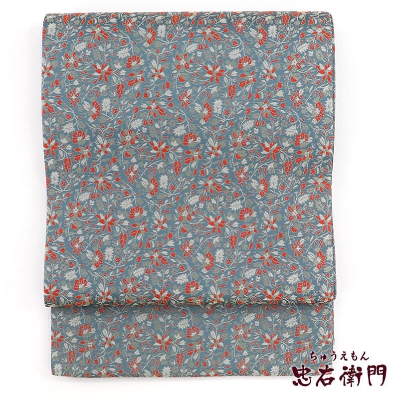 【20倍ポイント|歳末大還元祭】【中古】 名古屋帯 なごや帯 リサイクル レディース 正絹 灰青 唐花 長さ433cm 幅30.5cm 仕立て上がり帯 開き仕立て ゆったりサイズ リサイクル帯 即日発送