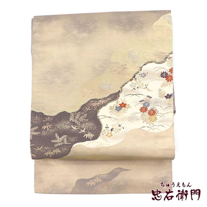 【20倍ポイント|歳末大還元祭】【中古】 名古屋帯 なごや帯 リサイクル レディース 正絹 グレージュ 箔地 道長取り 長さ359cm 幅30cm 仕立て上がり帯 リサイクル帯 即日発送