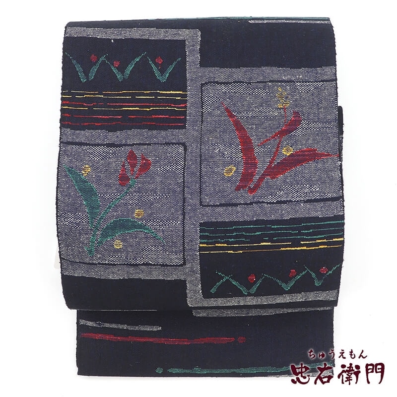 【20倍ポイント|歳末大還元祭】【中古】 名古屋帯 なごや帯 リサイクル レディース 正絹 紺 抽象柄 草木 長さ366cm 幅31cm 仕立て上がり帯 リサイクル帯 即日発送