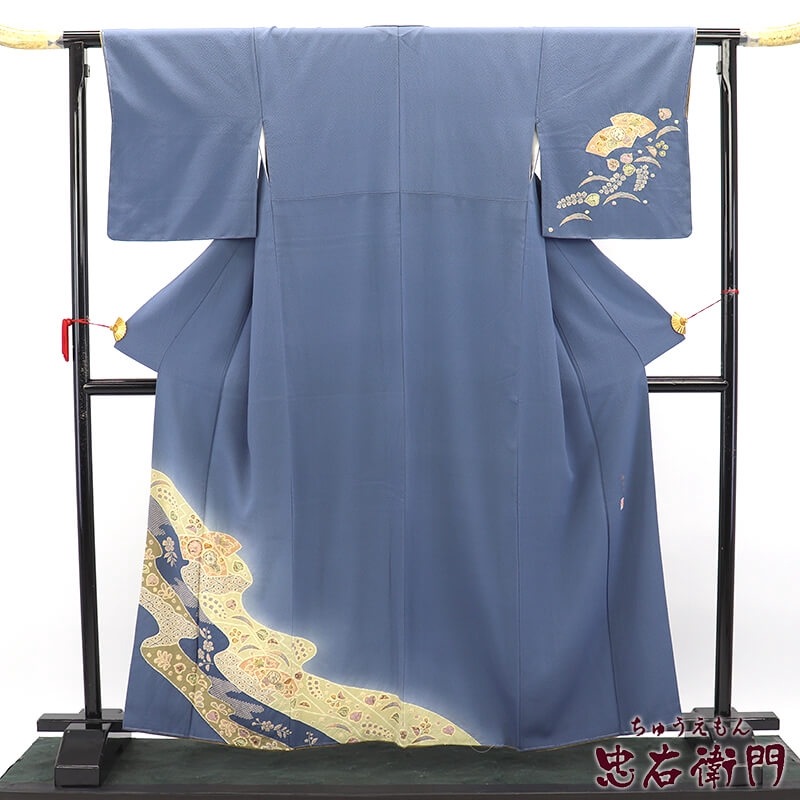 中古】 付下げ 付け下げ 附下 レディース 正絹 灰青 部分絞り