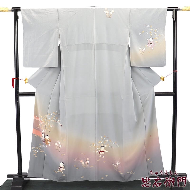 中古】 訪問着 レディース 正絹 グレー 童子柄 落款入り 作家物