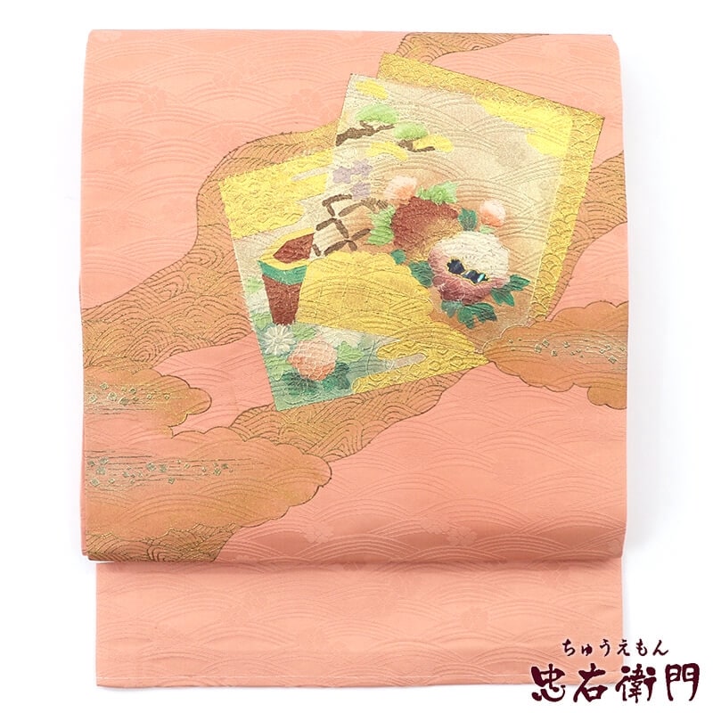 【20倍ポイント|歳末大還元祭】【中古】 名古屋帯 なごや帯 リサイクル レディース 正絹 ピンク 色紙柄 箔 螺鈿 長さ347cm 幅30.5cm 仕立て上がり帯 リサイクル帯 即日発送