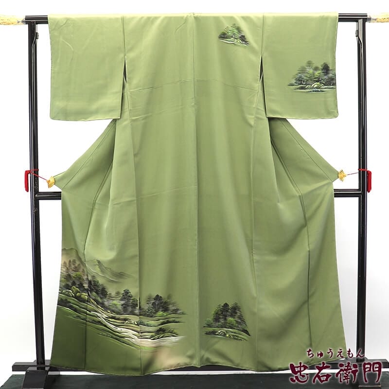 【20倍ポイント|歳末大還元祭】【中古】 訪問着 レディース 正絹 緑 風景柄 身丈164cm 裄丈65cm 仕立て上がり着物 リユース着物 リサイクル着物 送料無料 10時までのご注文で即日発送