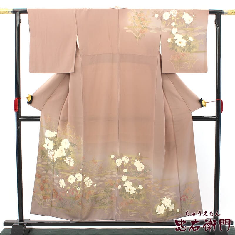 訪問着 フォーマル レディース 正絹 灰茶 花 菊 菖蒲 牡丹 身丈158cm