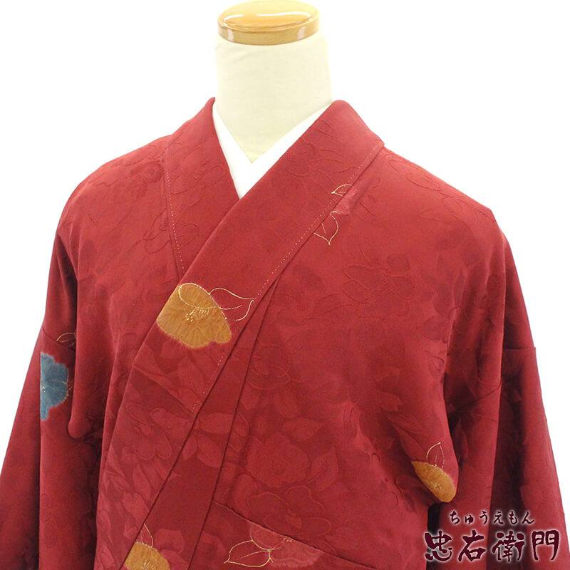 中古】 小紋 小紋着物 レディース 正絹 赤 花 部分絞り 身丈162cm 裄丈